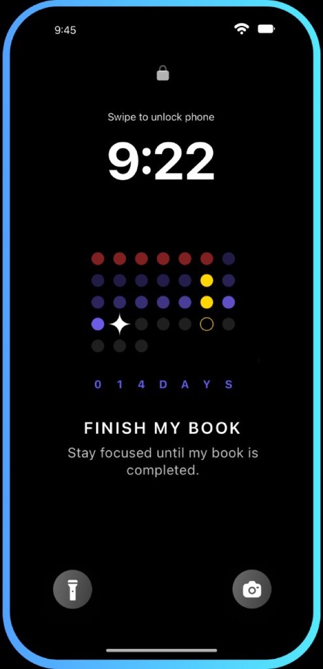 iPhone lock screen with a GoalGrid wallpaper: a grid of dots and the goal Finish my book.