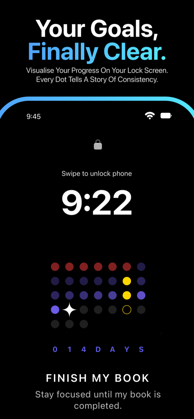 GoalGrid lock screen for the goal Finish my book, one coloured dot per day.