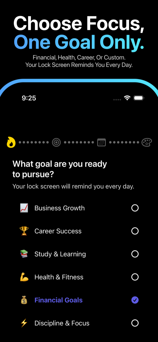 GoalGrid asking which goal to pursue, with presets such as health, study, and a custom goal.