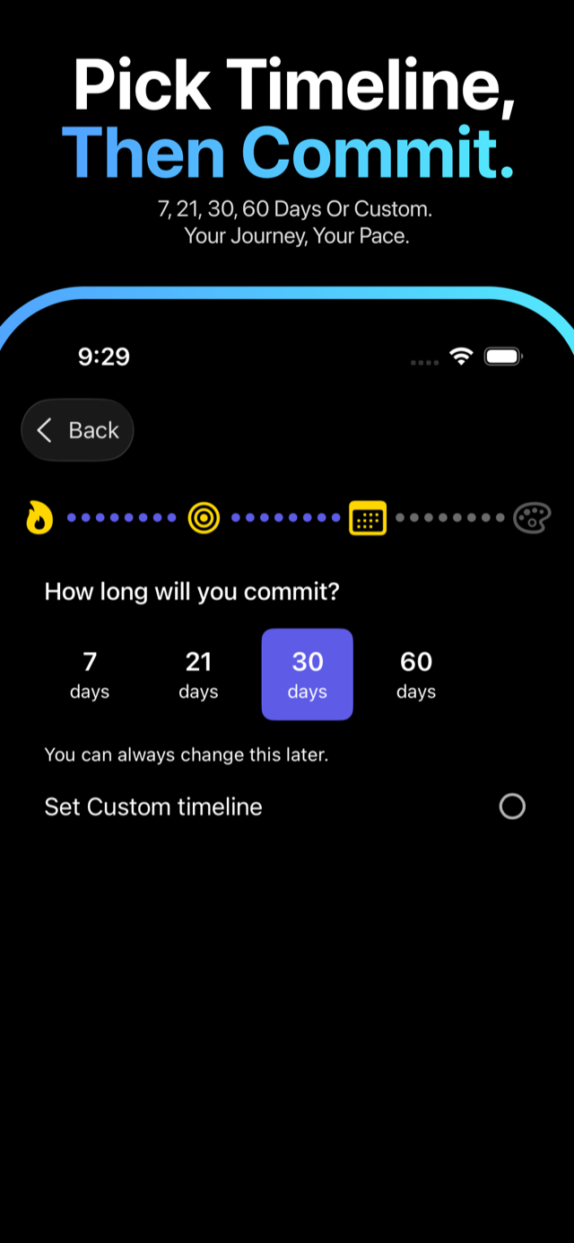GoalGrid timeline choices: 7, 21, 30 or 60 days, or a custom timeline.
