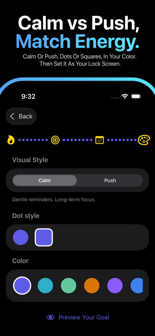 GoalGrid Calm and Push modes, with dot or square style and a colour choice.