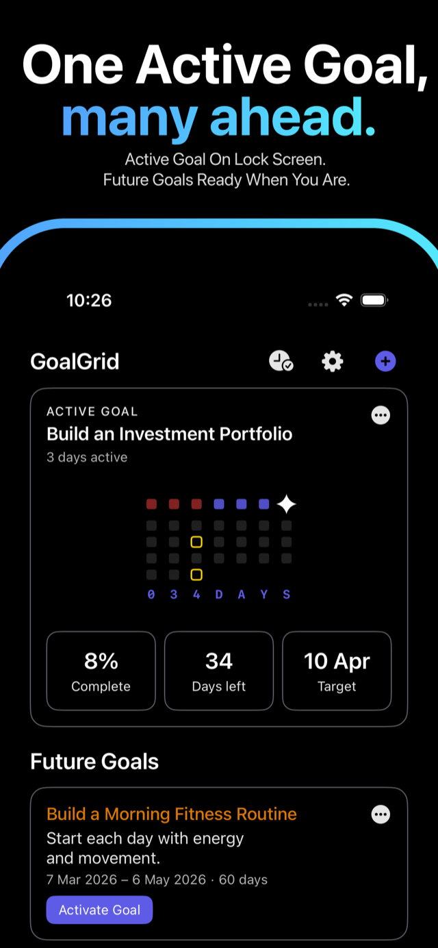 GoalGrid with one active goal on the lock screen and a future goal ready to activate.