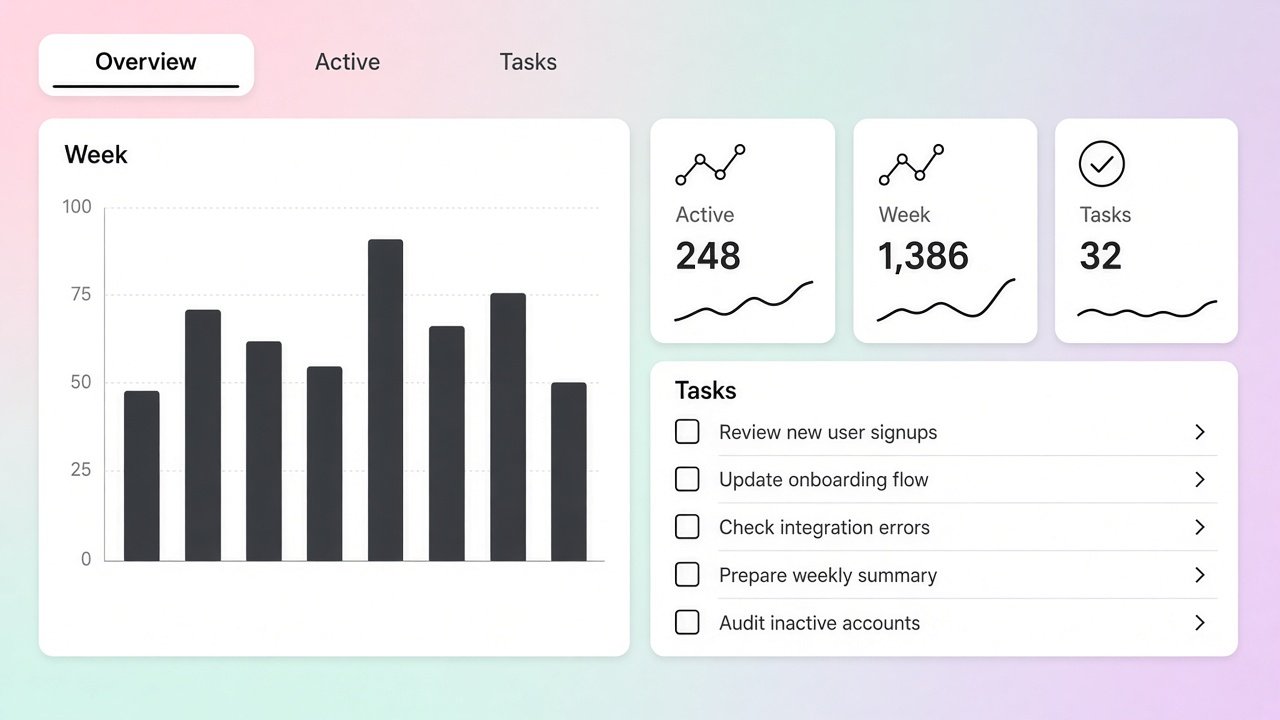 Illustration of a product dashboard with an overview chart, an active count, and a task list. Not a client screenshot.