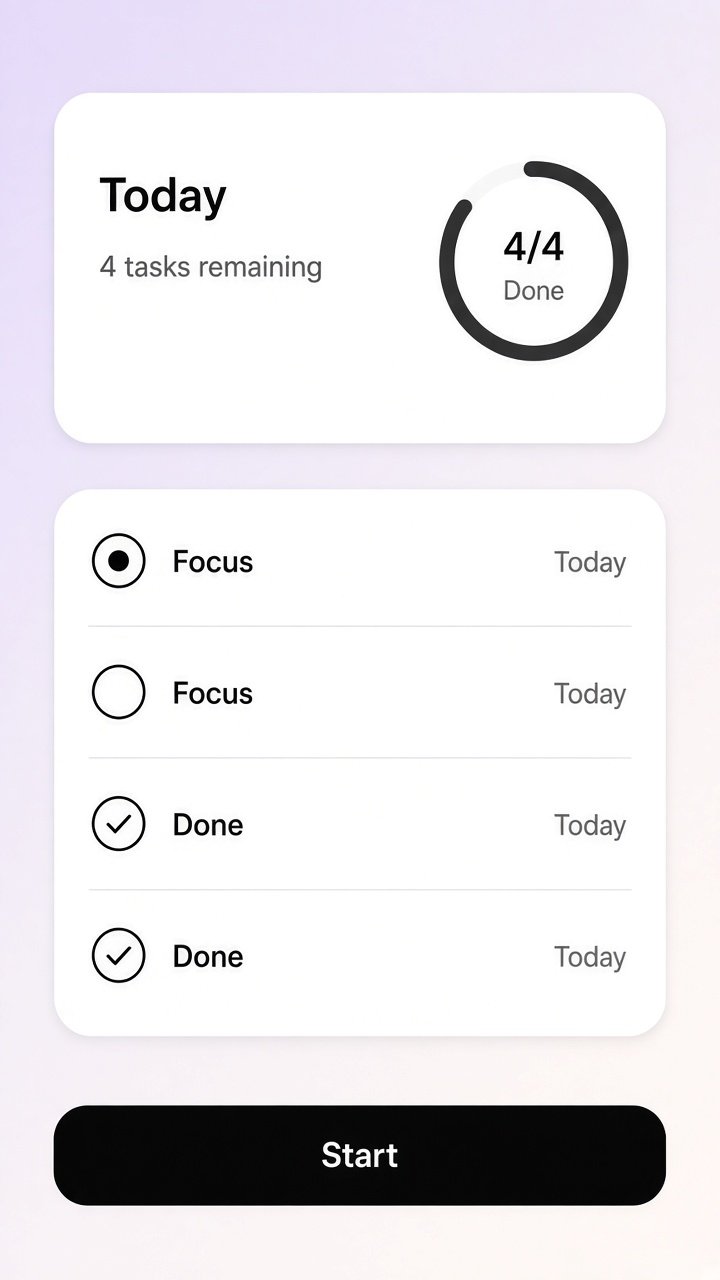 Illustration of a phone app with a progress ring and a short task list. Not a client screenshot.