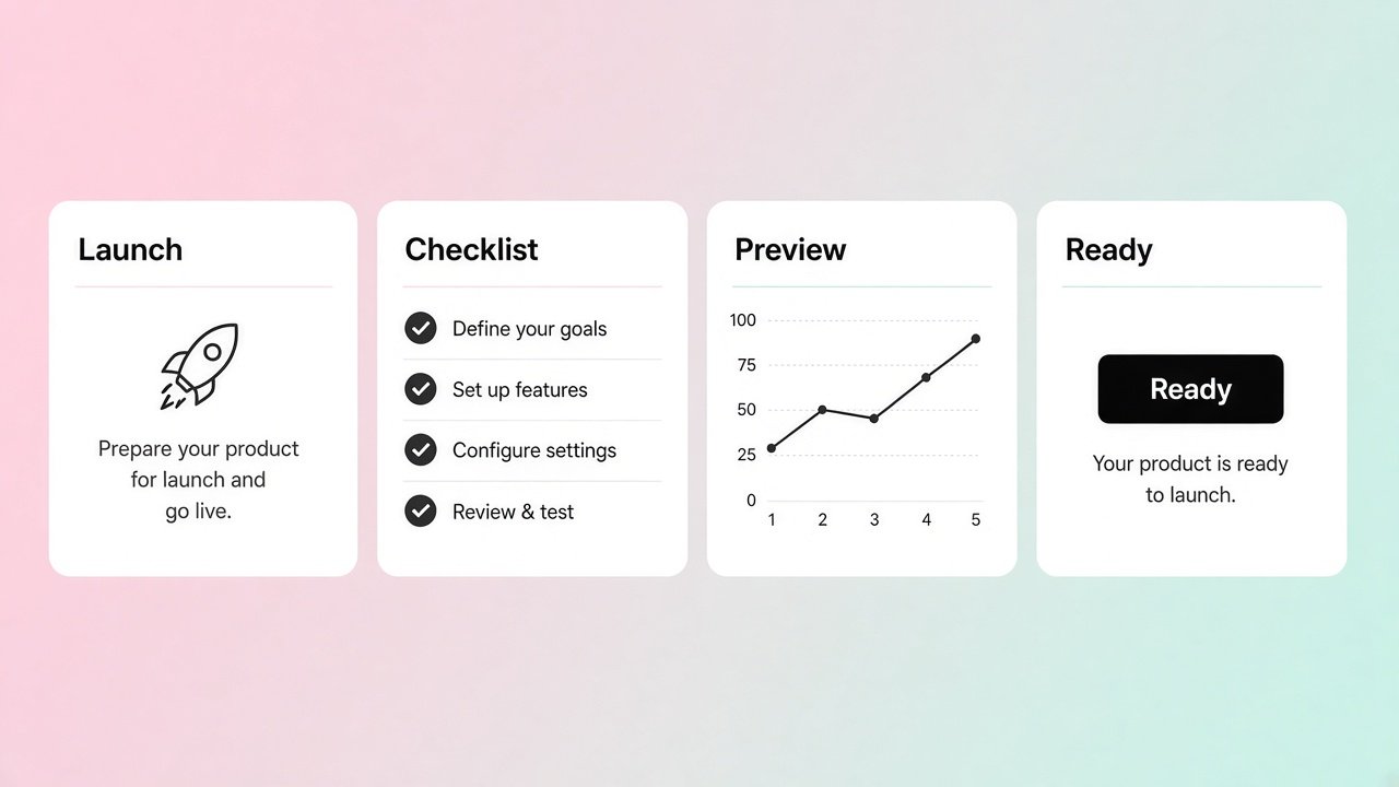 Illustration of an early product: a launch checklist beside a simple preview chart. Not a client screenshot.